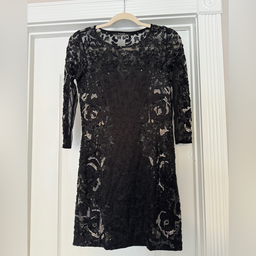 ALL SAINTS hand embellished black sequin dress with sheer quarter length sleeves